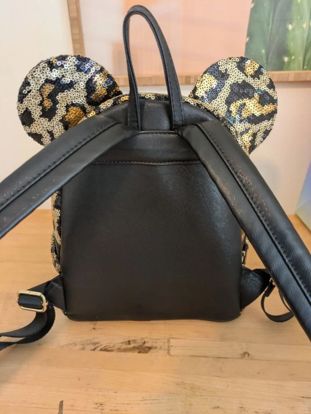 Sequined Animal Kingdom Black Gold Disney Loungefly Backpack w Bow EUC